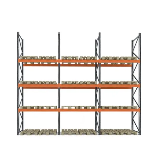 Raft depozitare paleți, 3 nivele, 2300 kg/nivel – H:5000mm x L:9360mm x W:1100mm - Handlekraft Raft depozitare paleți, 3 nivele, 2300 kg/nivel – H:5000mm x L:9360mm x W:1100mm