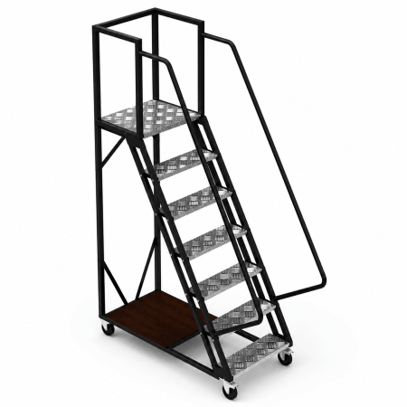 Scară mobilă cu platformă cu aluminiu cu balustradă și roți - 1648x1367x700 mm, 6+1 trepte