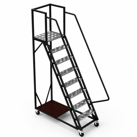 Scară mobilă cu platformă cu aluminiu cu balustradă și roți - 1898x1512x700 mm, 7+1 trepte