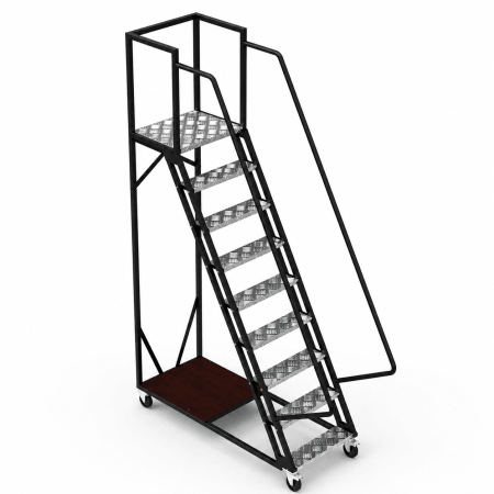 Scară mobilă cu platformă cu aluminiu cu balustradă și roți - 2148x1656x700 mm, 8+1 trepte