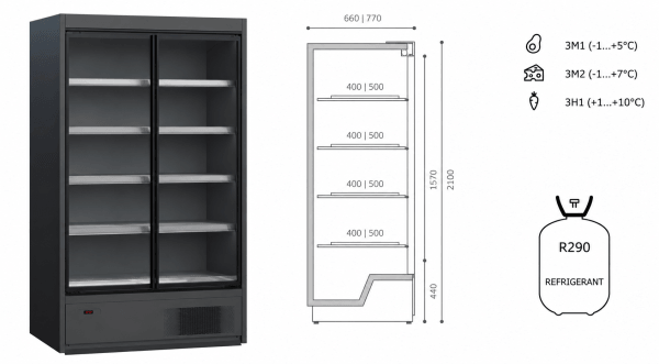 Vitrina frigorifica cu usi din sticla - H:2100mm x L:1250mm x W:770mm, RAL 7016