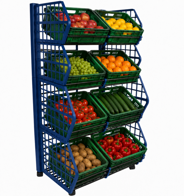 Coș promoțional din plastic cu 4 nivele – H:140cm x L:71cm x W:58cm - Handlekraft Coș promoțional din plastic cu 4 nivele – H:140cm x L:71cm x W:58cm
