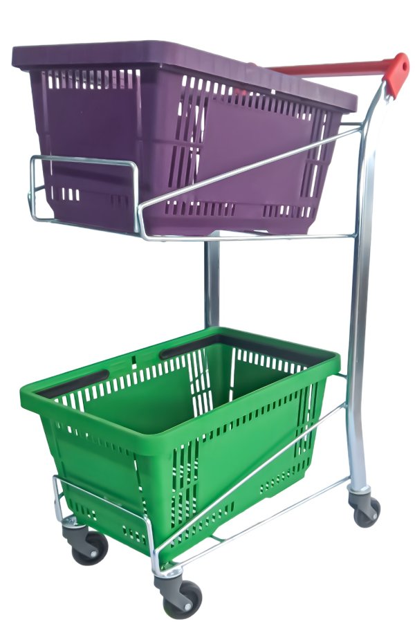 Suport mobil pentru 2 coșuri de cumpărături – metalic, cu roți