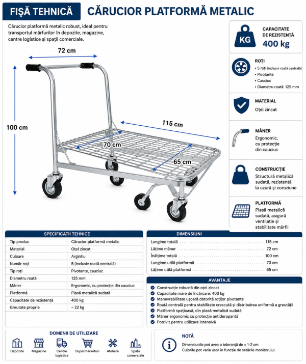 Carucior tip platforma, cu 5 roti - 400kg