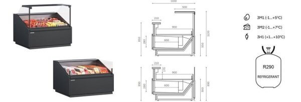 Vitrină frigorifică Quadros – H:850mm x L:1562mm x W:1100mm, plug-in
